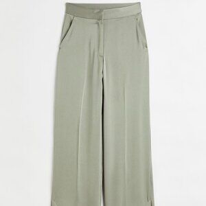 Light Khaki satin wide leg trousers.